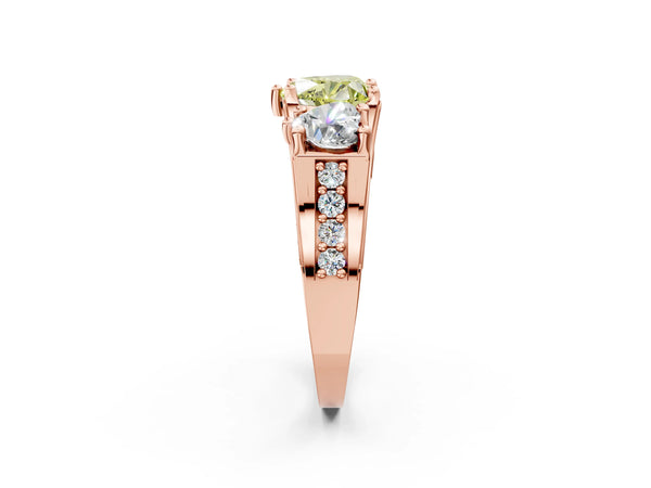 Rose gold Fancy Yellow Heart Cut Diamond Three-Stone Ring with Channel Set Band and Four-Prong Setting