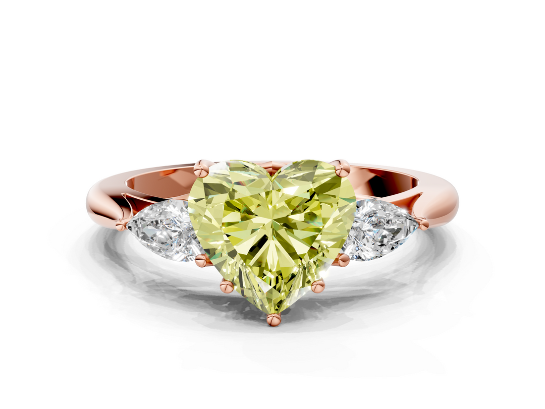 Rose gold Three-Stone Fancy Yellow Heart  Cut Diamond Ring with Pear Side Stones in Four-Prong Setting_116