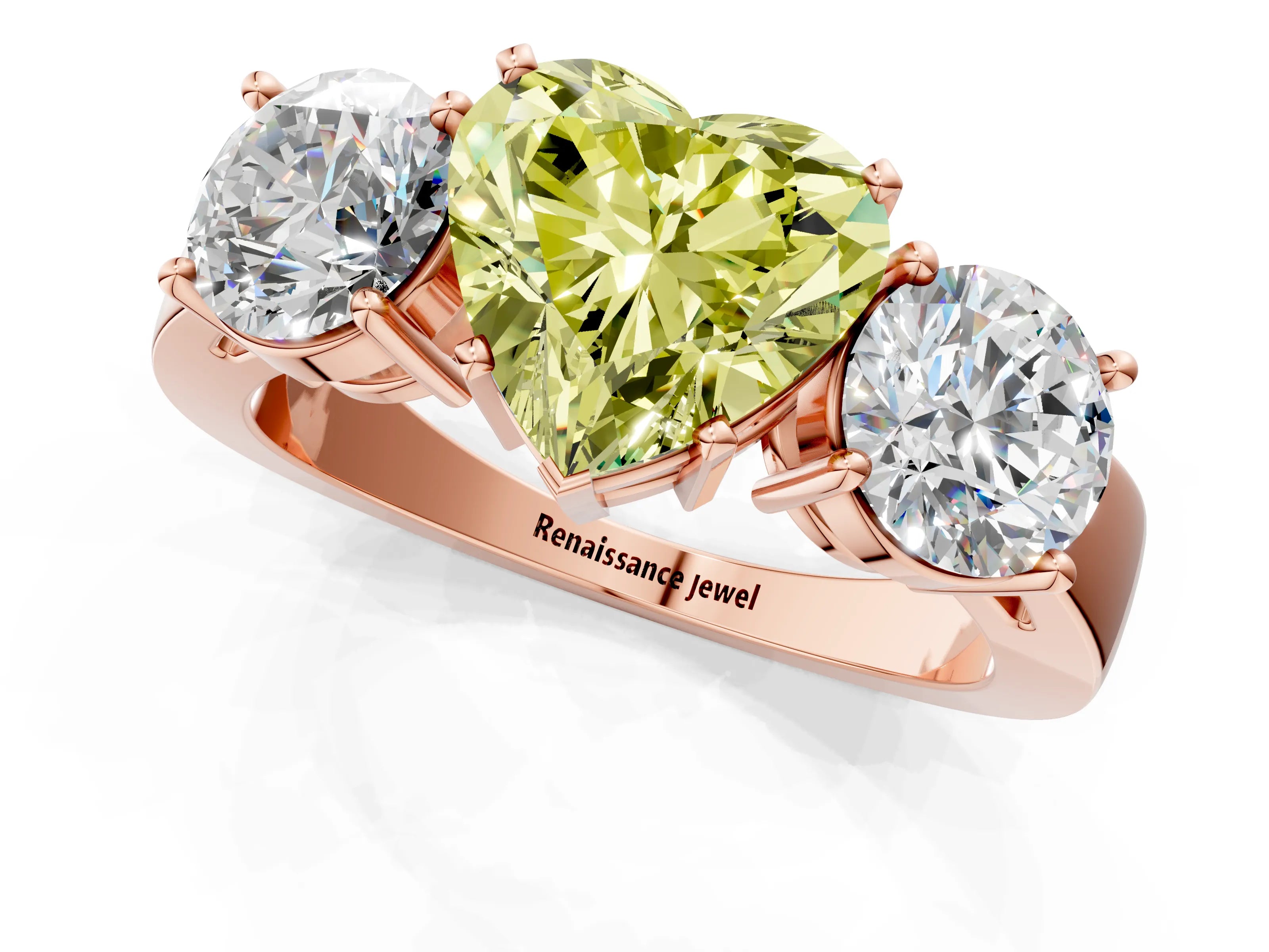 Rose gold Three-Stone Fancy Yellow Heart Cut Diamond Ring with Round Side Stones, Classic Band, and Four-Prong Setting_1