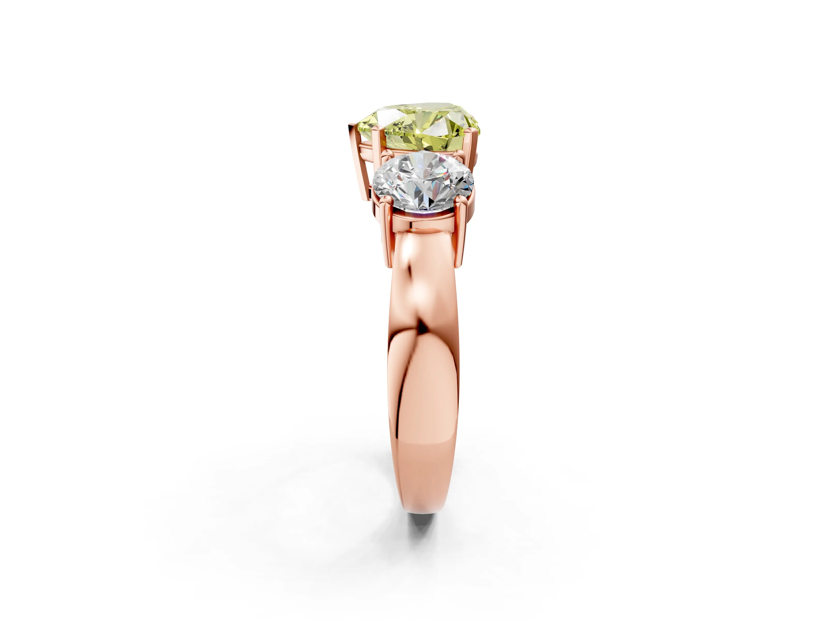 Rose gold Three-Stone Fancy Yellow Heart Cut Diamond Ring with Round Side Stones, Classic Band, and Four-Prong Setting_2