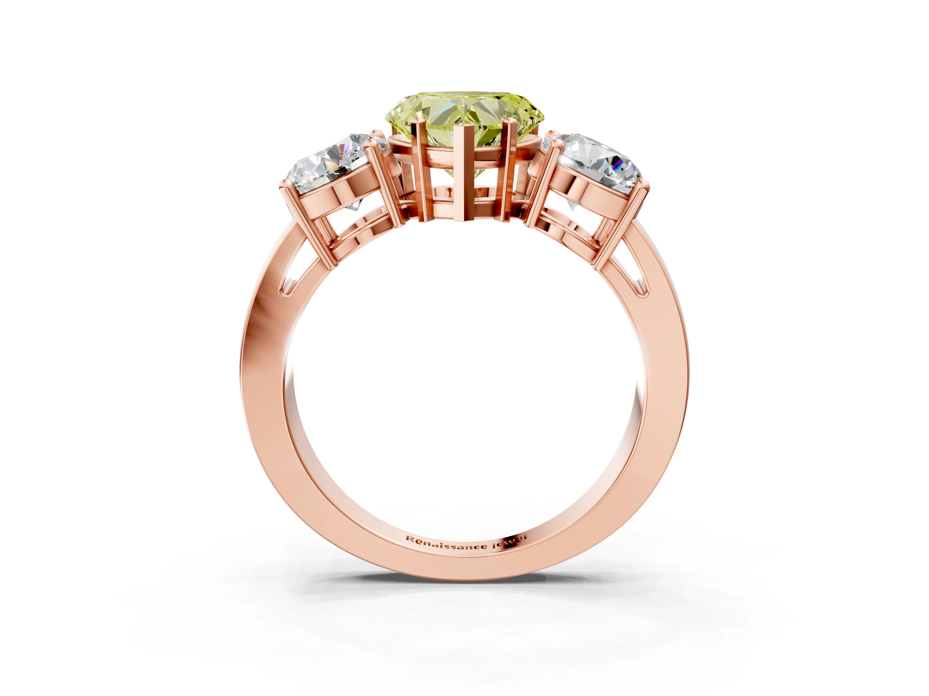 Rose gold Three-Stone Fancy Yellow Heart Cut Diamond Ring with Round Side Stones, Classic Band, and Four-Prong Setting_3
