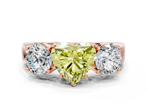 Rose gold Three-Stone Fancy Yellow Heart Cut Diamond Ring with Round Side Stones, Classic Band, and Four-Prong Setting