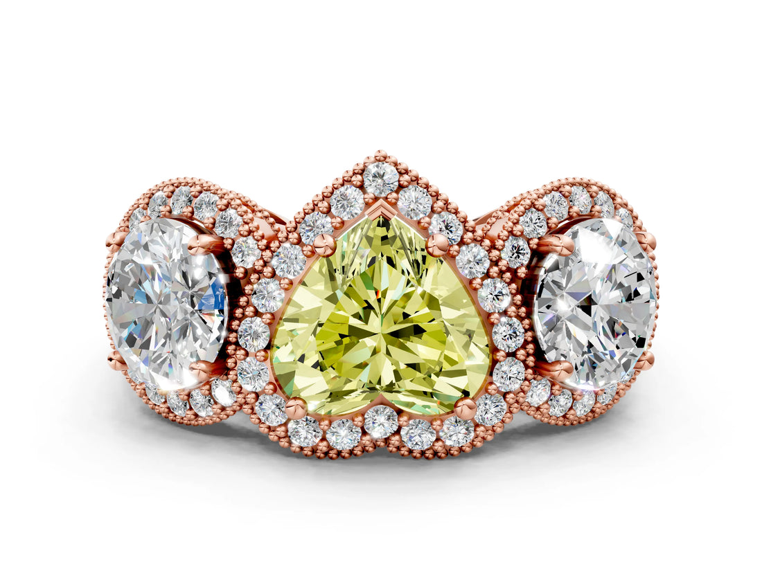Rose gold Three-Stone Fancy Yellow Heart Cut Halo Diamond Milgrain Band with Four-Prong Setting
