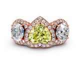 Rose gold Three-Stone Fancy Yellow Heart Cut Halo Diamond Milgrain Band with Four-Prong Setting