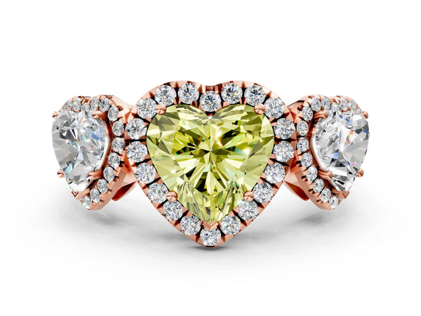 Rose gold Three-Stone Fancy Yellow Heart Cut Halo Diamond Ring with Pave Band and Four-Prong Setting