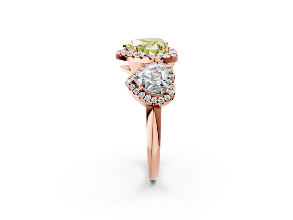 Rose gold Three-Stone Fancy Yellow Heart Cut Halo Diamond Ring with Pave Band and Four-Prong Setting