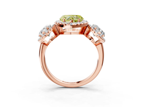 Rose gold Three-Stone Fancy Yellow Heart Cut Halo Diamond Ring with Pave Band and Four-Prong Setting