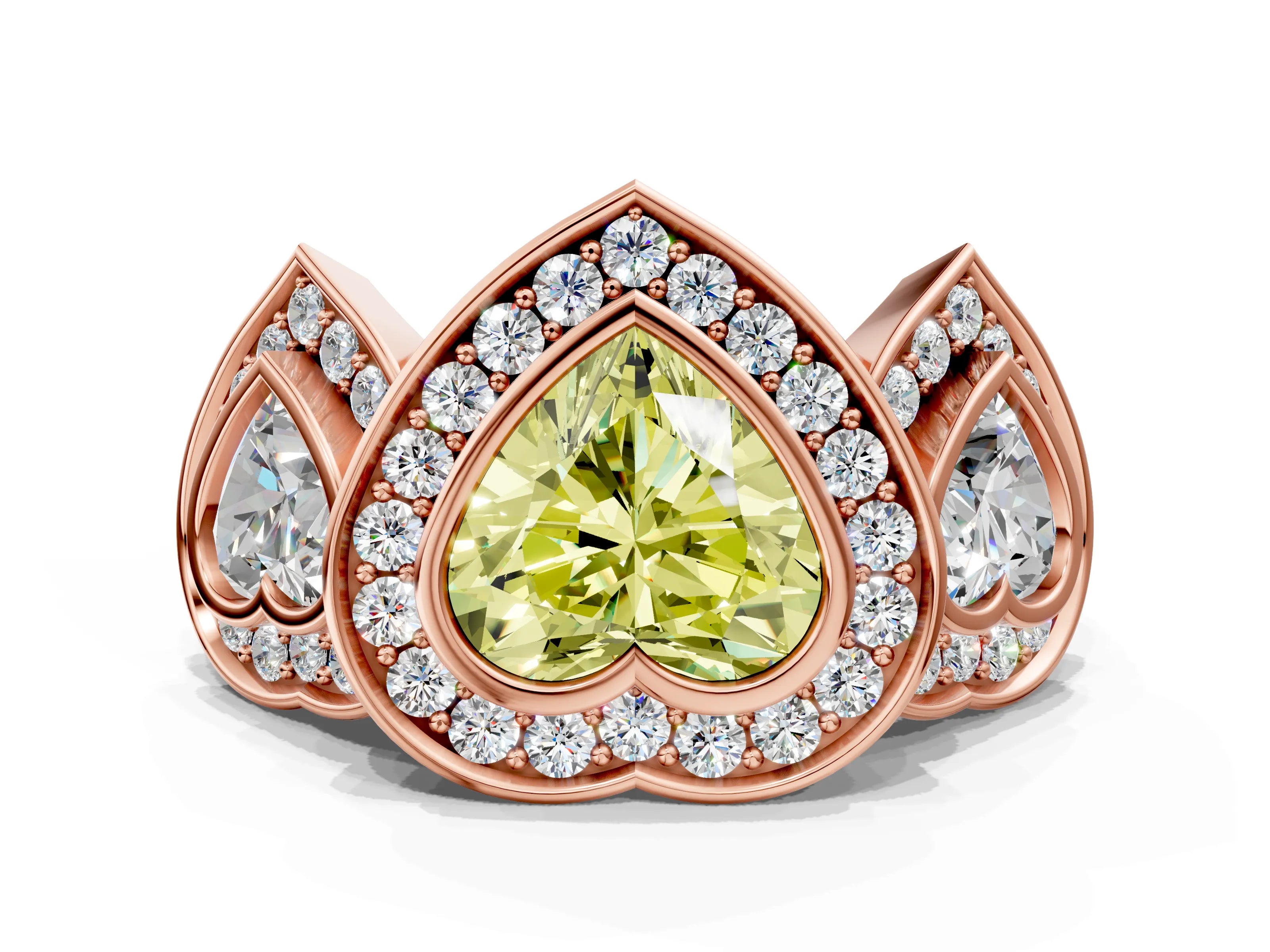 Rose gold Three-Stone Fancy Yellow Heart Cut Halo Pavé Diamond Ring