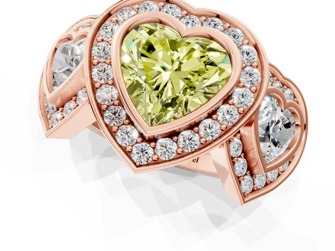 Rose gold Three-Stone Fancy Yellow Heart Cut Halo Pavé Diamond Ring_1