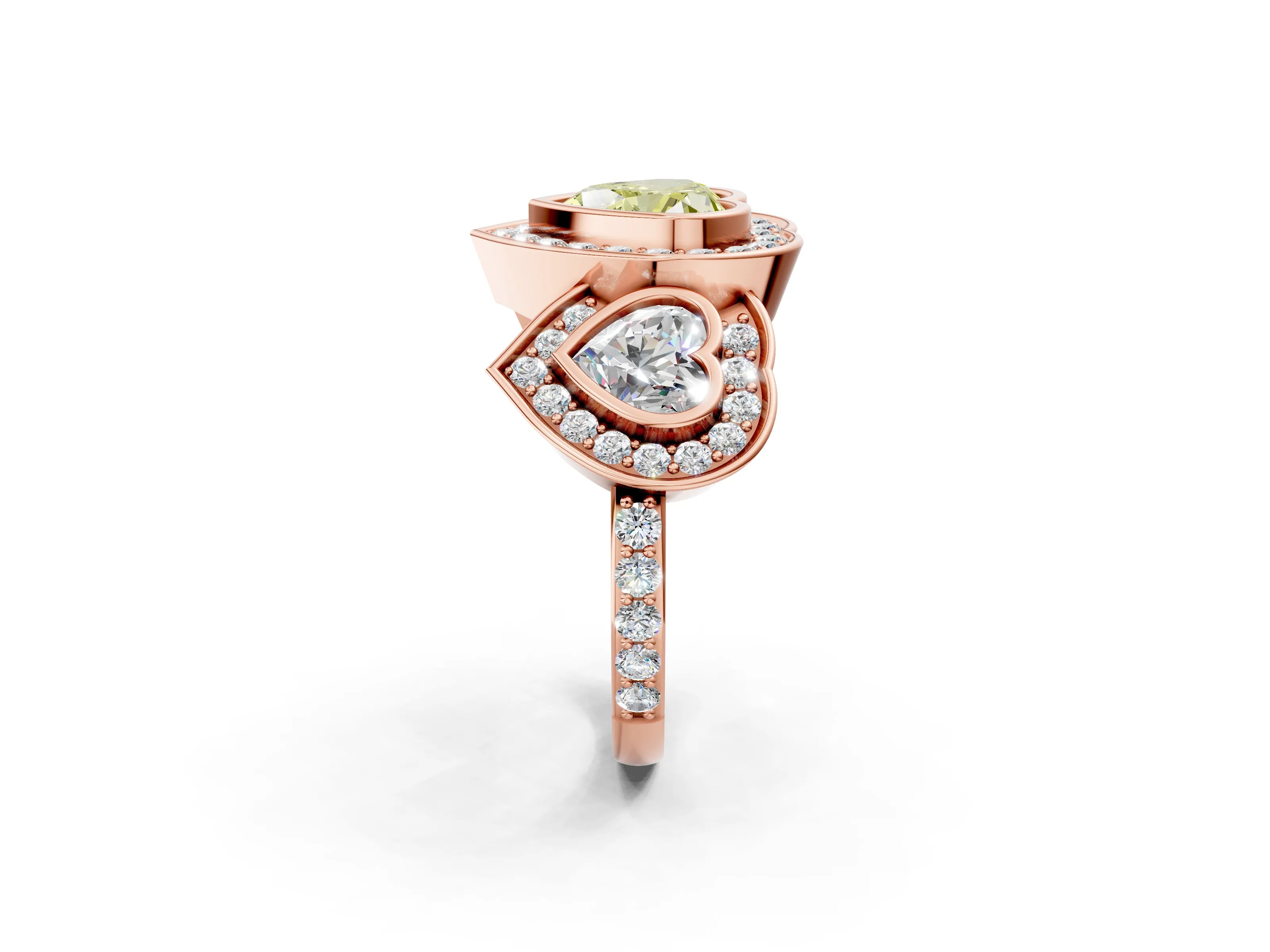 Rose gold Three-Stone Fancy Yellow Heart Cut Halo Pavé Diamond Ring_2