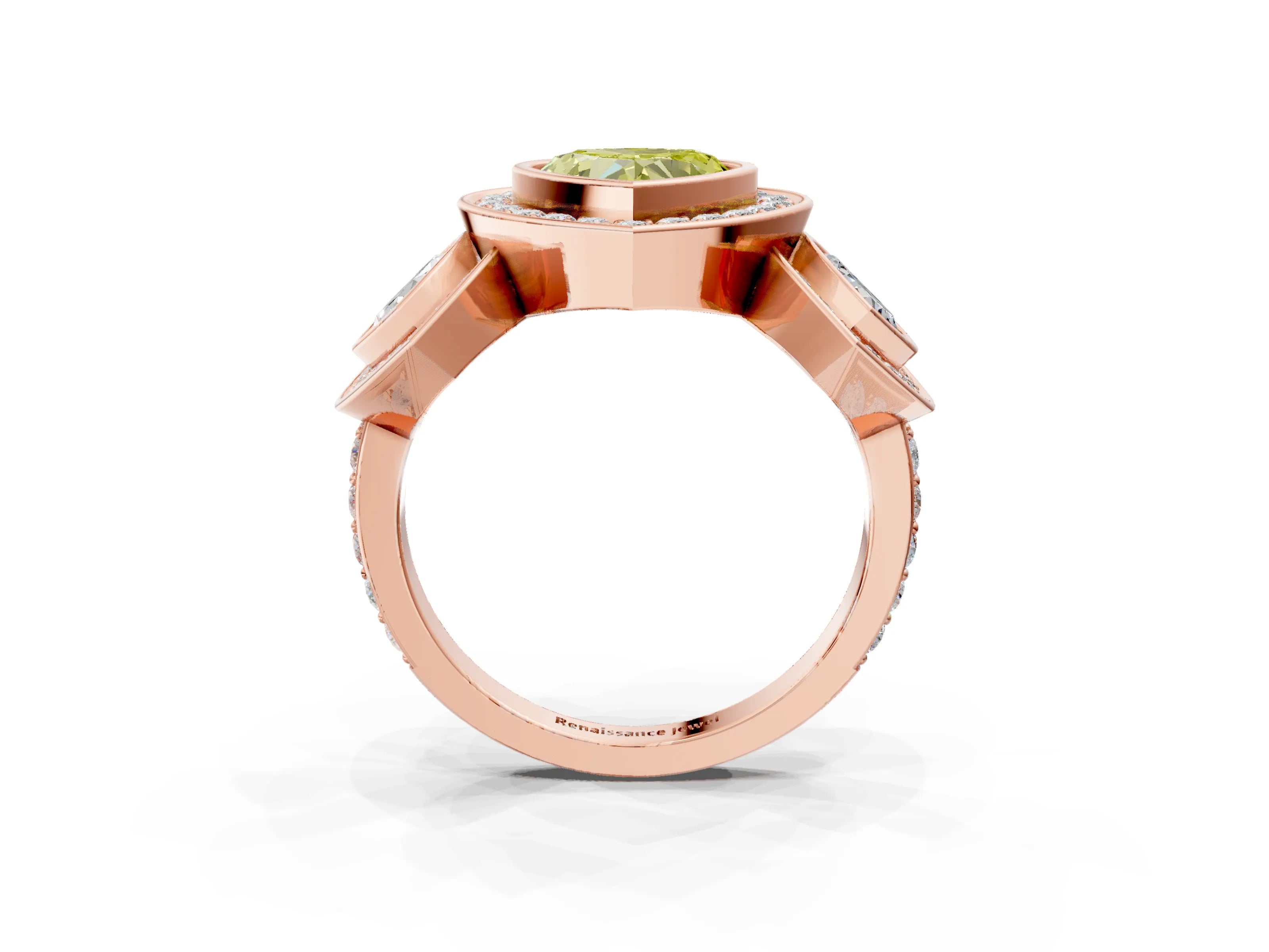 Rose gold Three-Stone Fancy Yellow Heart Cut Halo Pavé Diamond Ring_3