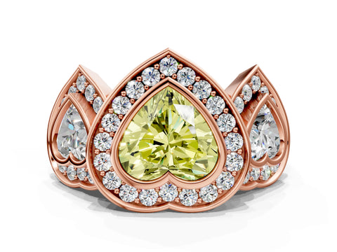 Rose gold Three-Stone Fancy Yellow Heart Cut Halo Pavé Diamond Ring