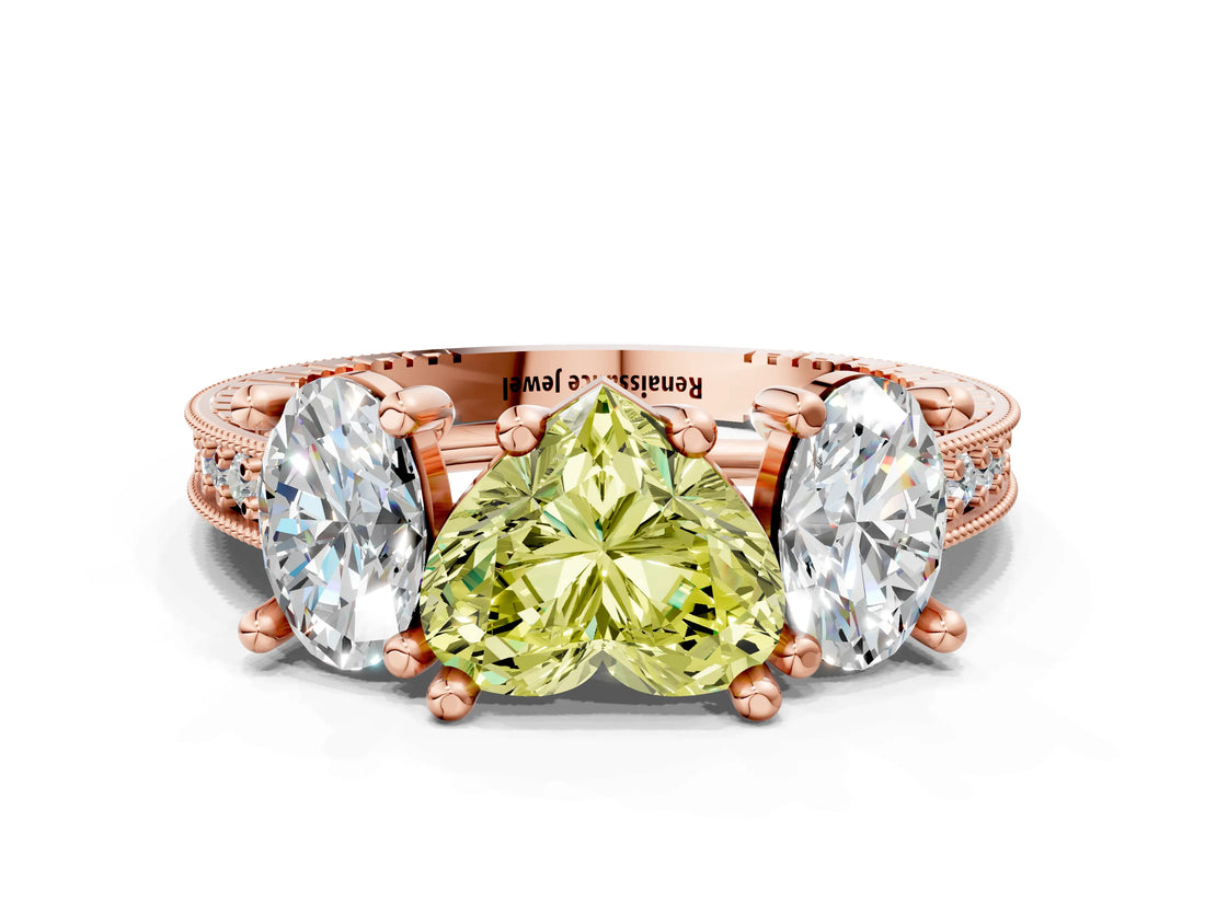 Rose gold Three-Stone Fancy Yellow Heart  Diamond Milgrain Pave Band with Prong Setting