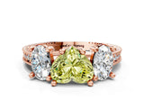 Rose gold Three-Stone Fancy Yellow Heart  Diamond Milgrain Pave Band with Prong Setting