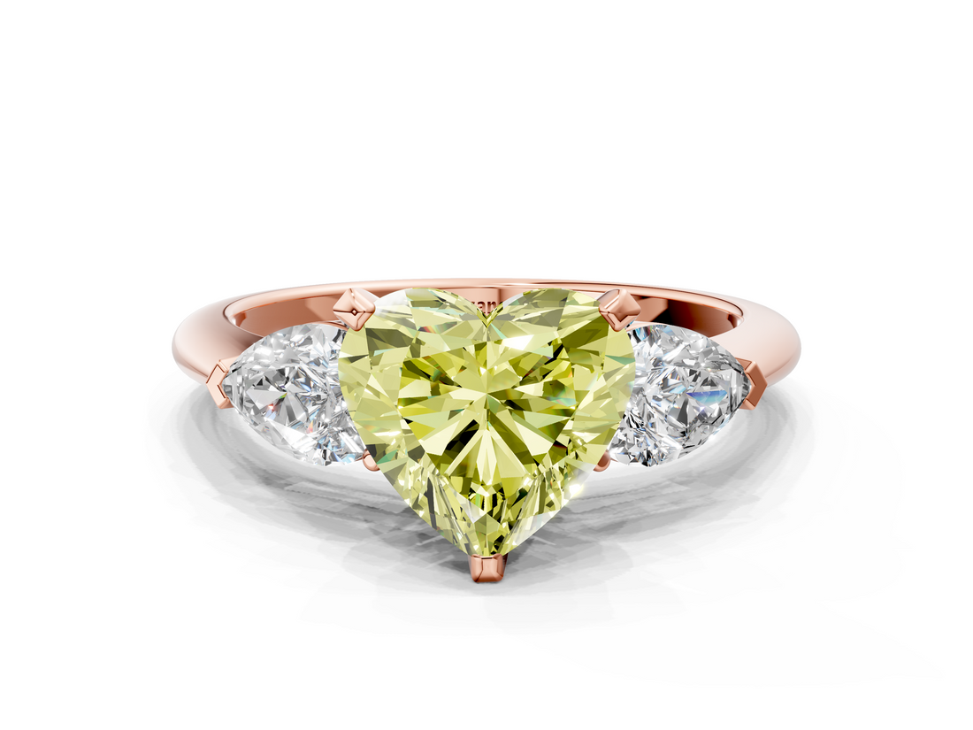 Rose gold Three-Stone Fancy Yellow Heart  Diamond Ring with Pear Side Stones in Four-Prong Setting_60
