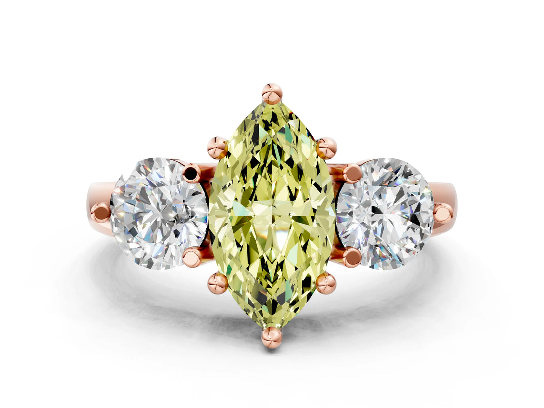Rose gold Three-Stone Fancy Yellow Marquise  Brilliant Cut Solitaire Ring with Prong Setting on a Classic Band 2