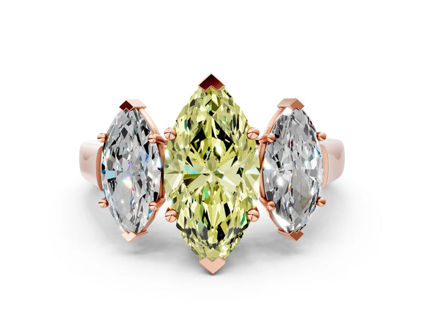 Rose gold Three-Stone Fancy Yellow Marquise Cut Brilliant Diamond Trellis Ring with Comfort Fit Band