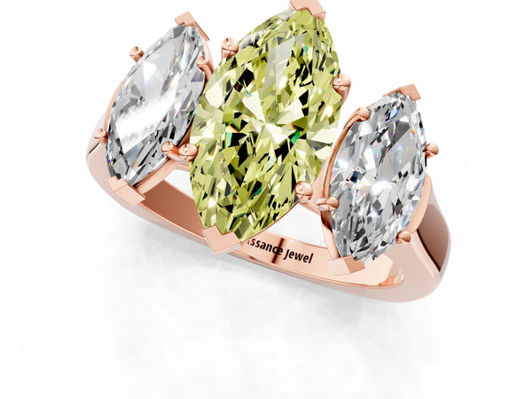 Rose gold Three-Stone Fancy Yellow Marquise Cut Brilliant Diamond Trellis Ring with Comfort Fit Band