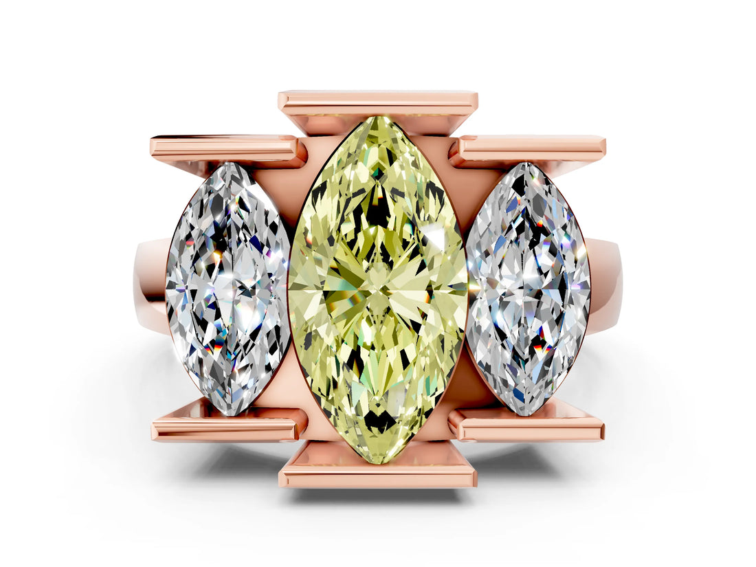 Rose gold Three Stone Fancy Yellow Marquise Cut Cut Channel Set Diamond Ring