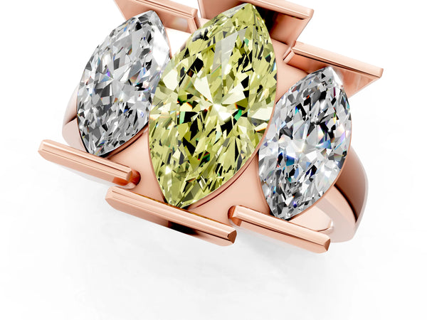 Rose gold Three Stone Fancy Yellow Marquise Cut Cut Channel Set Diamond Ring