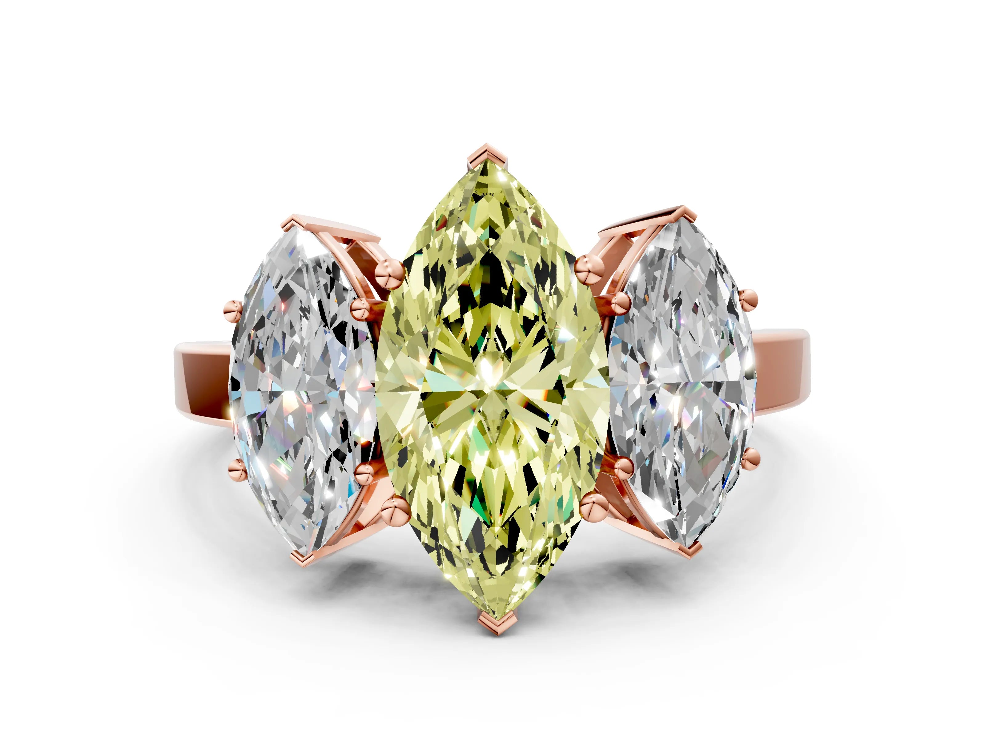 Rose gold Three-Stone Fancy Yellow Marquise Cut Cut Diamond Engagement Ring with Flat Band and Four-Prong Setting