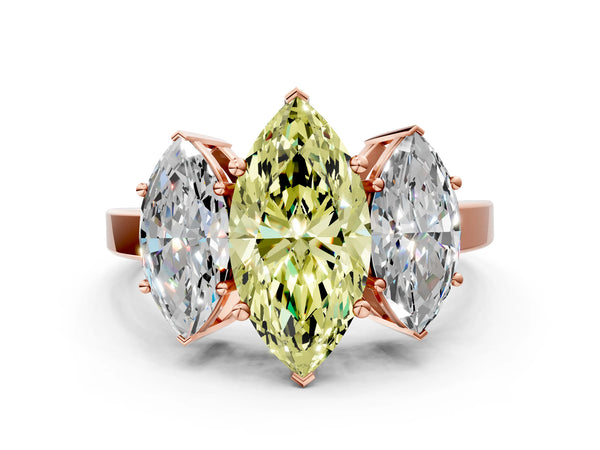 Rose gold Three-Stone Fancy Yellow Marquise Cut Cut Diamond Engagement Ring with Flat Band and Four-Prong Setting