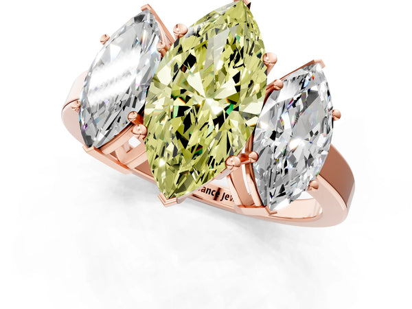 Rose gold Three-Stone Fancy Yellow Marquise Cut Cut Diamond Engagement Ring with Flat Band and Four-Prong Setting