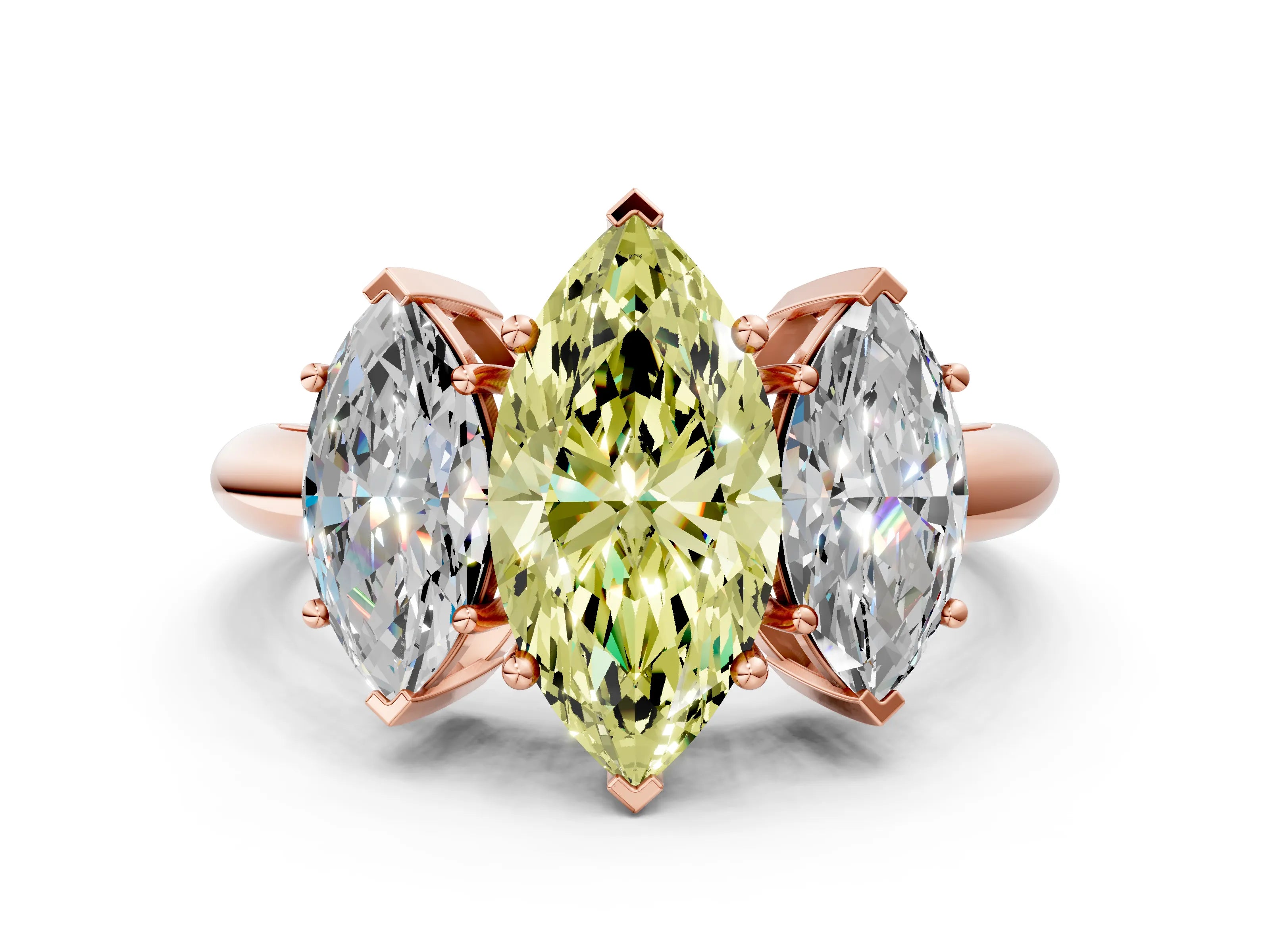 Rose gold Three-Stone Fancy Yellow Marquise Cut Cut Diamond Engagement Ring with Prong Setting on a White Gold Band