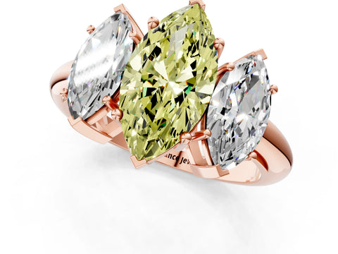 Rose gold Three-Stone Fancy Yellow Marquise Cut Cut Diamond Engagement Ring with Prong Setting on a White Gold Band_1