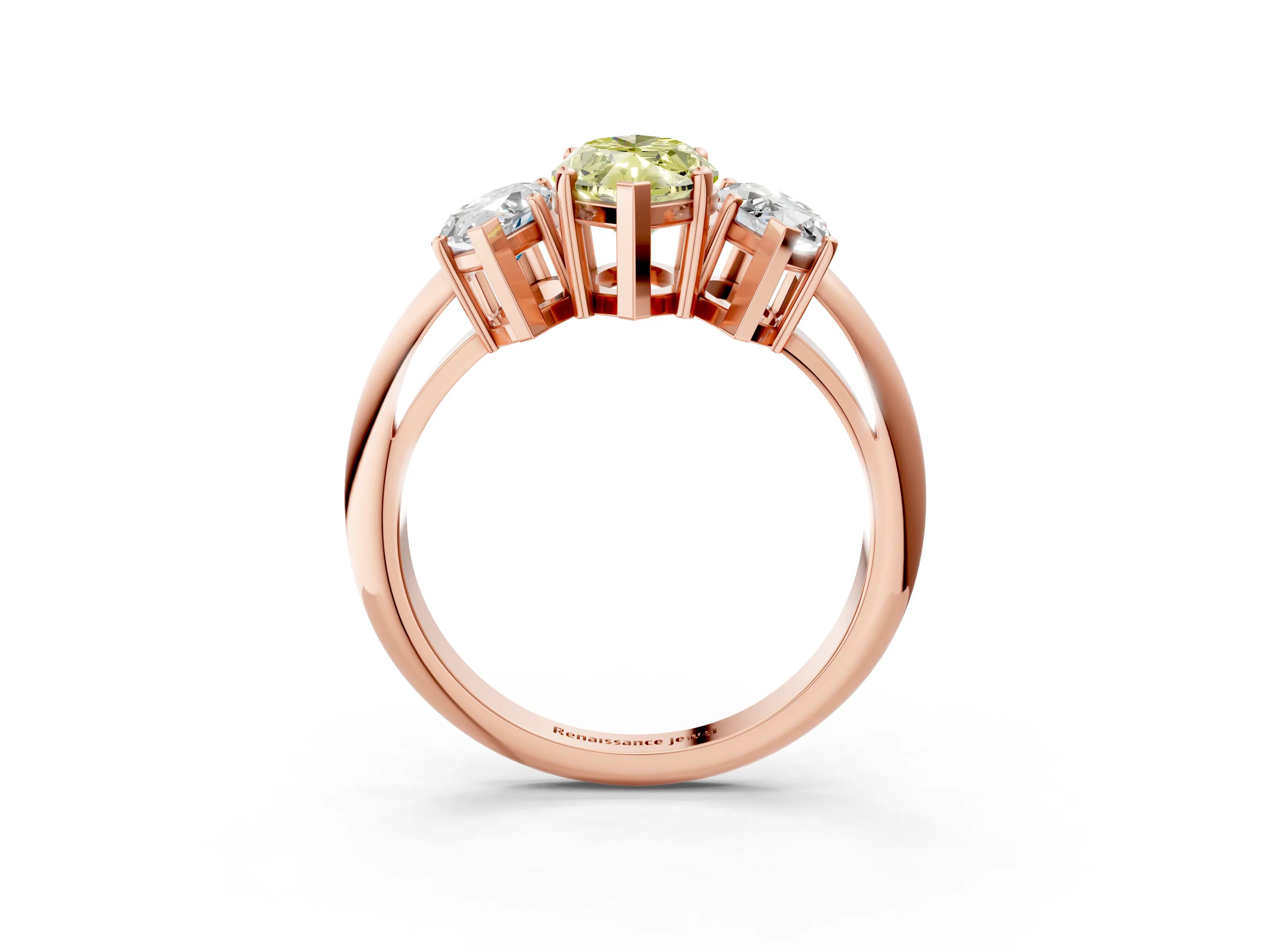 Rose gold Three-Stone Fancy Yellow Marquise Cut Cut Diamond Engagement Ring with Prong Setting on a White Gold Band_3