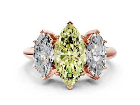 Rose gold Three-Stone Fancy Yellow Marquise Cut Cut Diamond Engagement Ring with Prong Setting on a White Gold Band