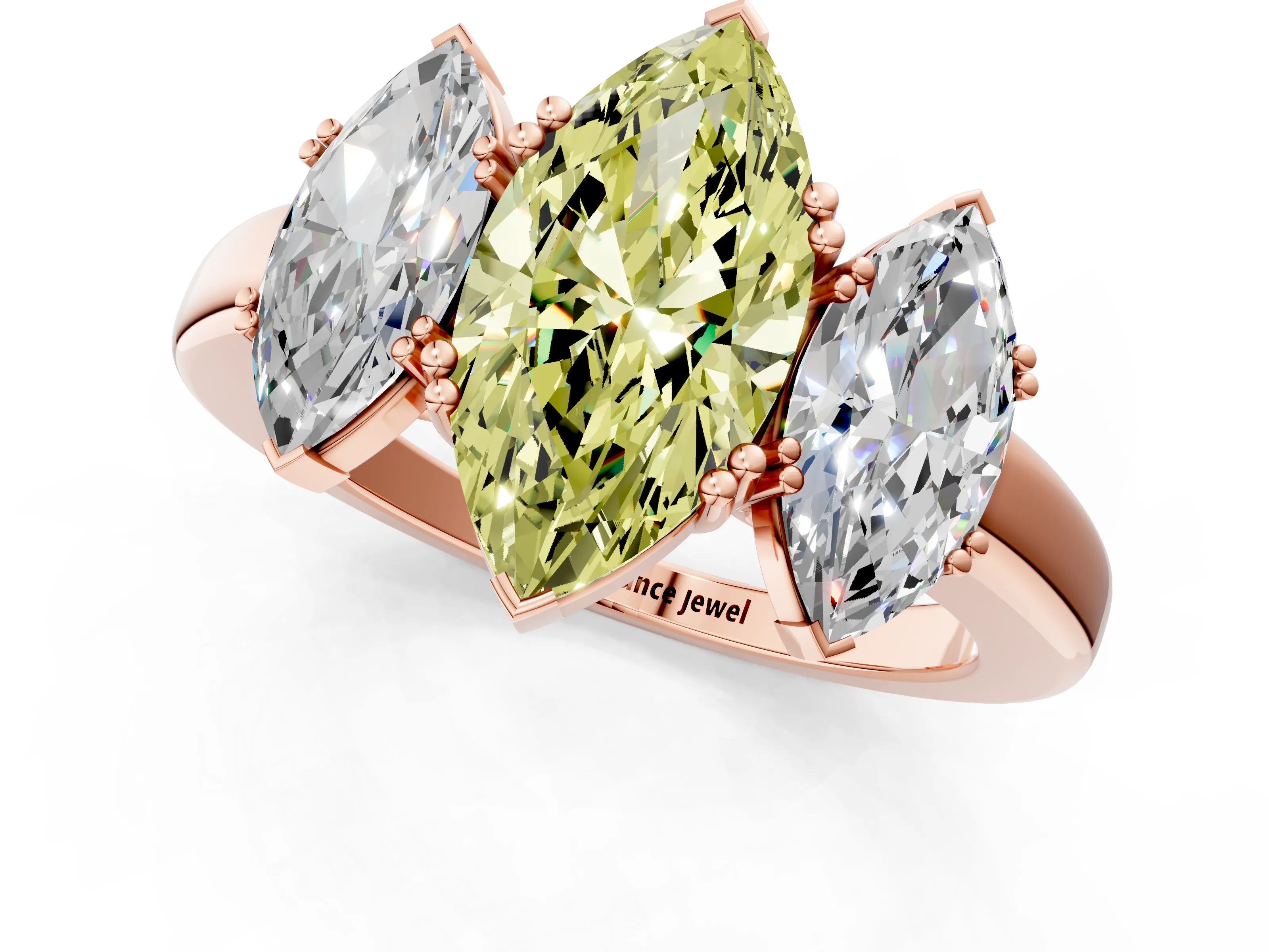 Rose gold Three-Stone Fancy Yellow Marquise Cut Cut Diamond Ring with Channel Set Band and Four-Prong Setting_1