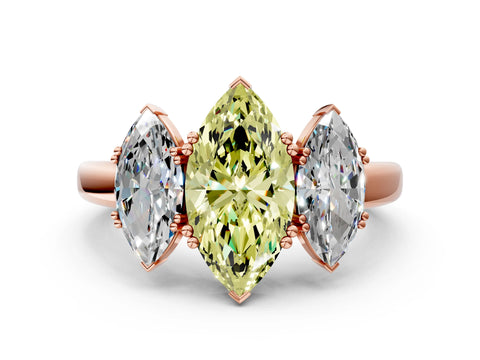 Rose gold Three-Stone Fancy Yellow Marquise Cut Cut Diamond Ring with Channel Set Band and Four-Prong Setting