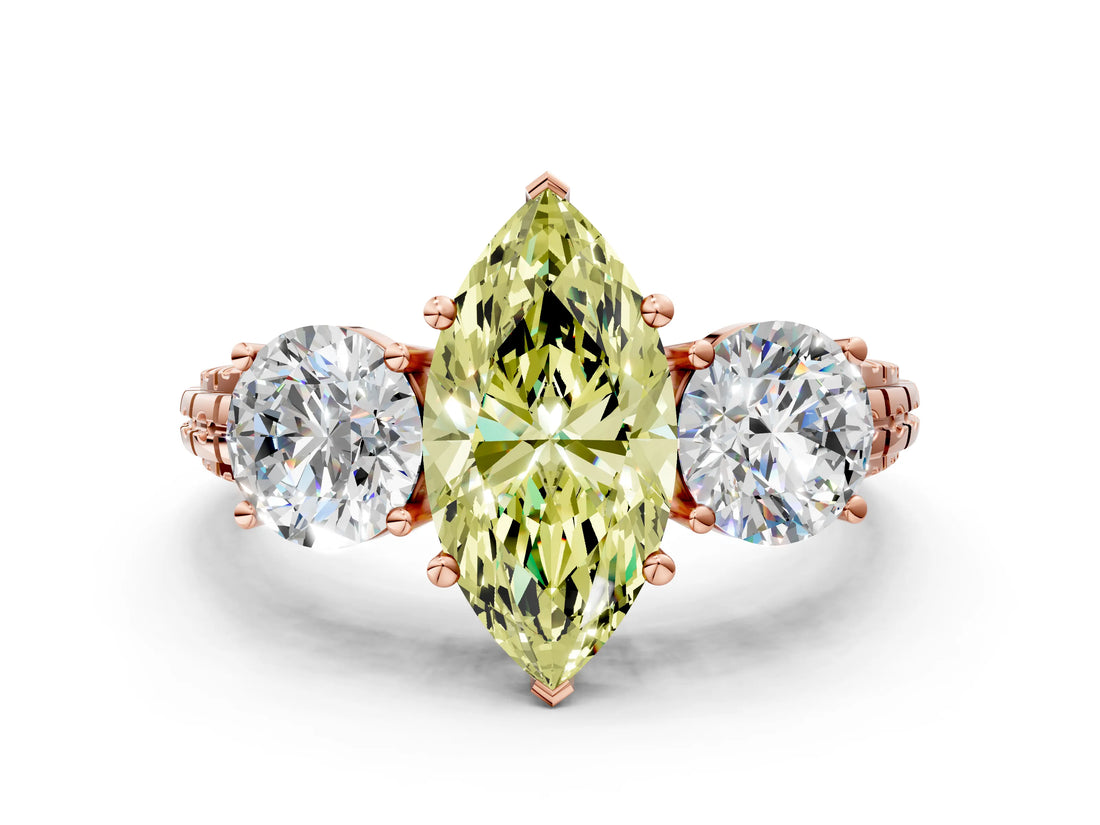 Rose gold Three-Stone Fancy Yellow Marquise Cut Cut Diamond Ring with Channel-Set Band and Prong Setting
