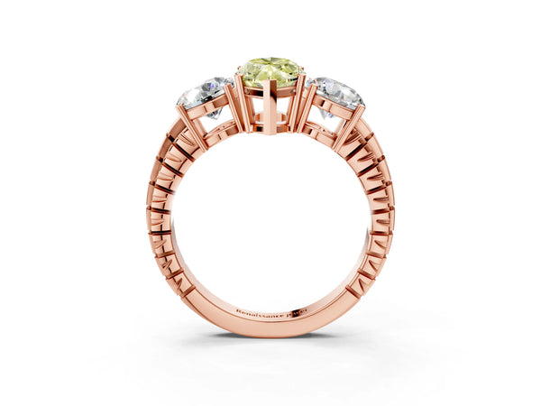 Rose Gold Marquise Three-Stone Engagement Ring Setting for Fancy Yellow Center with Engraved Band