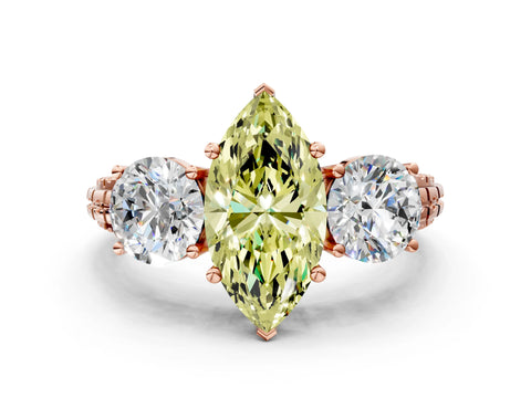 Rose gold Three-Stone Fancy Yellow Marquise Cut Cut Diamond Ring with Channel-Set Band and Prong Setting