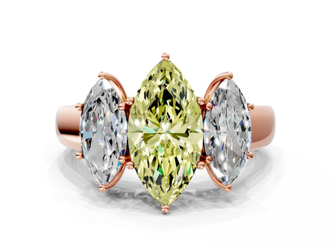 Rose gold Three-Stone Fancy Yellow Marquise Cut Cut Diamond Ring with Prong Setting and Classic Band