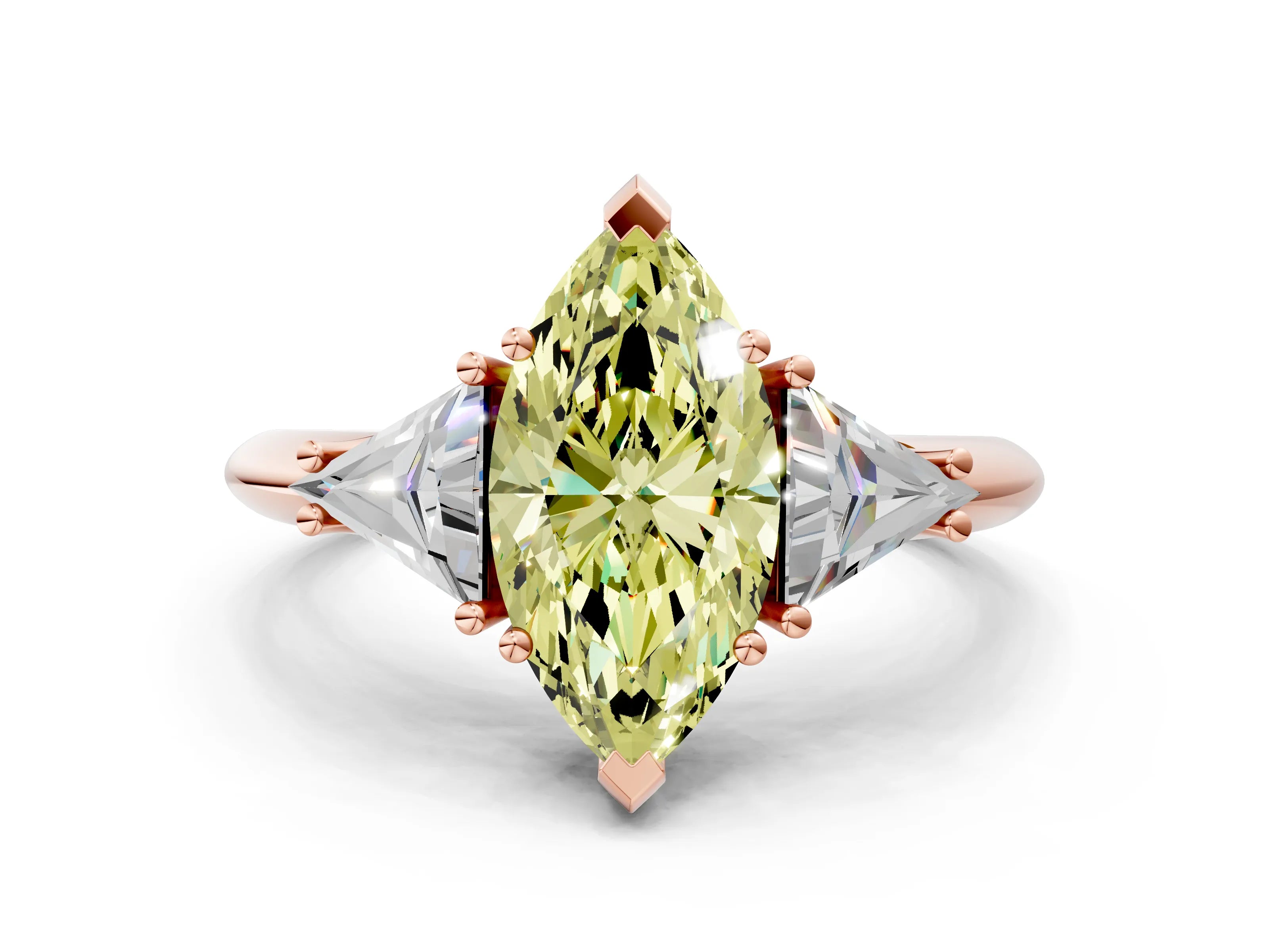 Rose gold Three-Stone Fancy Yellow Marquise Cut Cut Diamond Ring with Trillion Side Stones and Four-Prong Setting_3