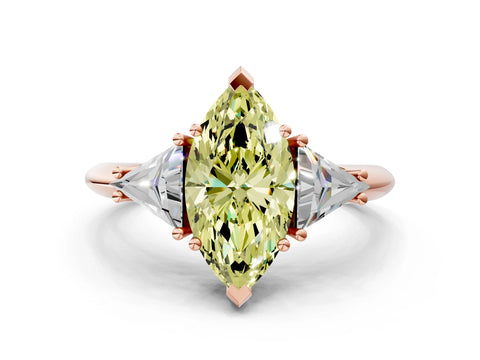 Rose gold Three-Stone Fancy Yellow Marquise Cut Cut Diamond Ring with Trillion Side Stones and Four-Prong Setting_3