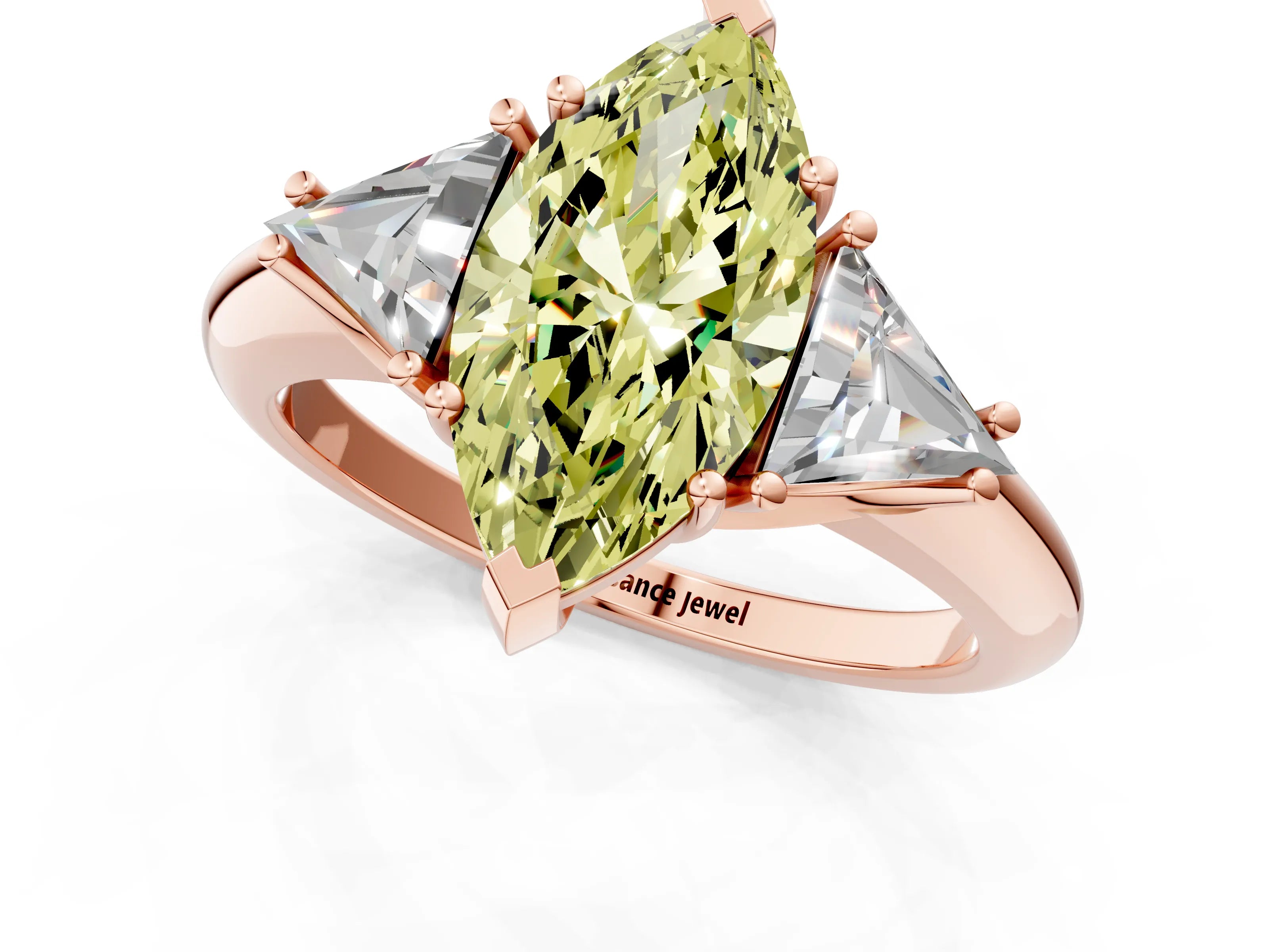 Rose gold Three-Stone Fancy Yellow Marquise Cut Cut Diamond Ring with Trillion Side Stones and Four-Prong Setting_4