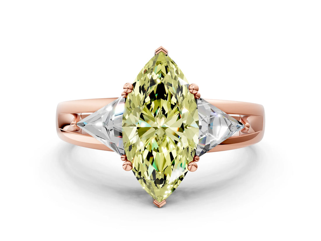 Rose gold Three-Stone Fancy Yellow Marquise Cut Cut Diamond Ring with Trillion Side Stones on a Split Shank Band