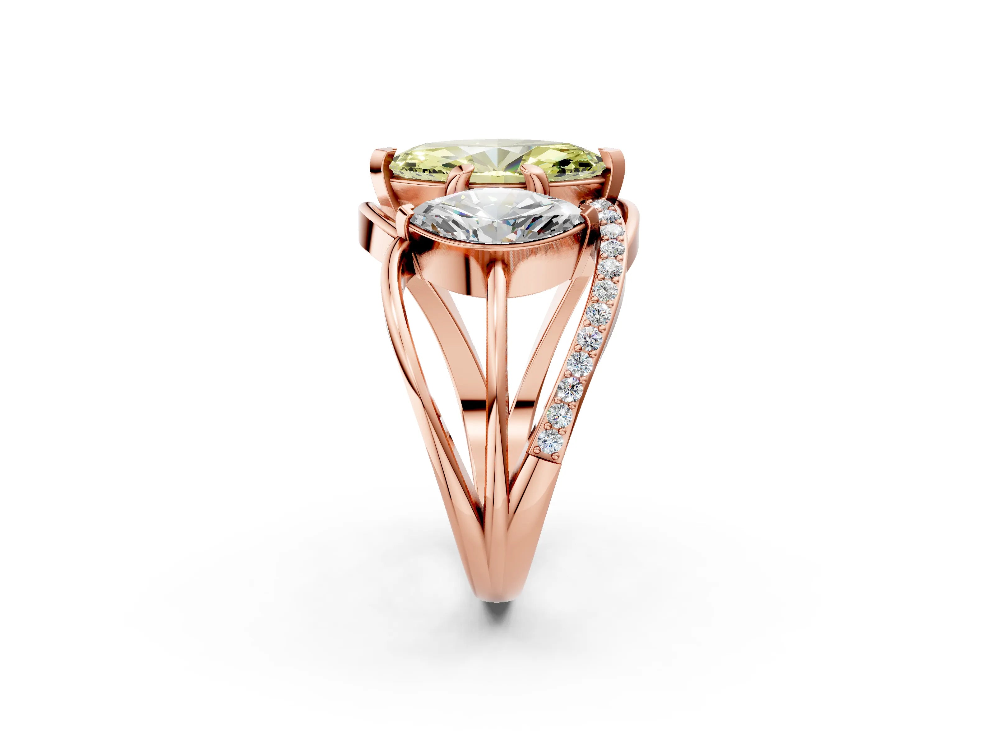 Rose gold Three-Stone Fancy Yellow Marquise Cut Cut Diamond Split Shank Prong Set Ring_2