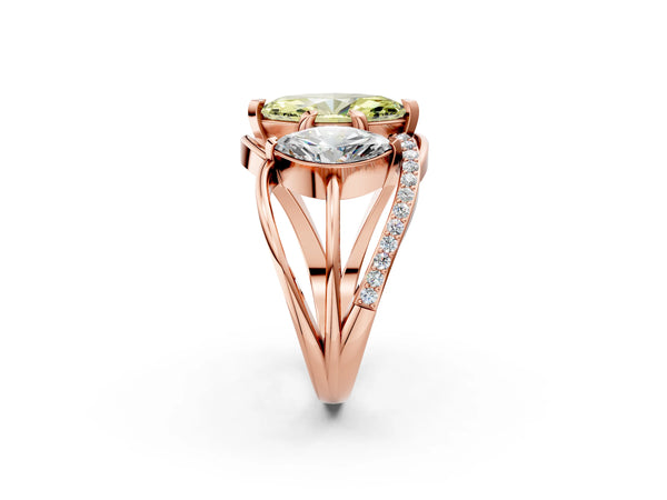 Rose Gold Marquise Three Stone Split Shank Engagement Ring Setting for Fancy Yellow Center