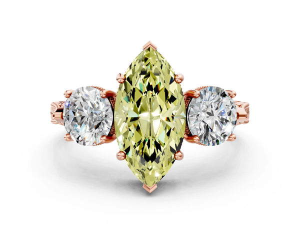 Rose Gold Marquise Vintage Three Stone Engagement Ring Setting for Fancy Yellow Center