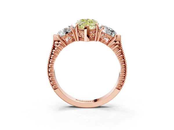 Rose Gold Marquise Vintage Three Stone Engagement Ring Setting for Fancy Yellow Center