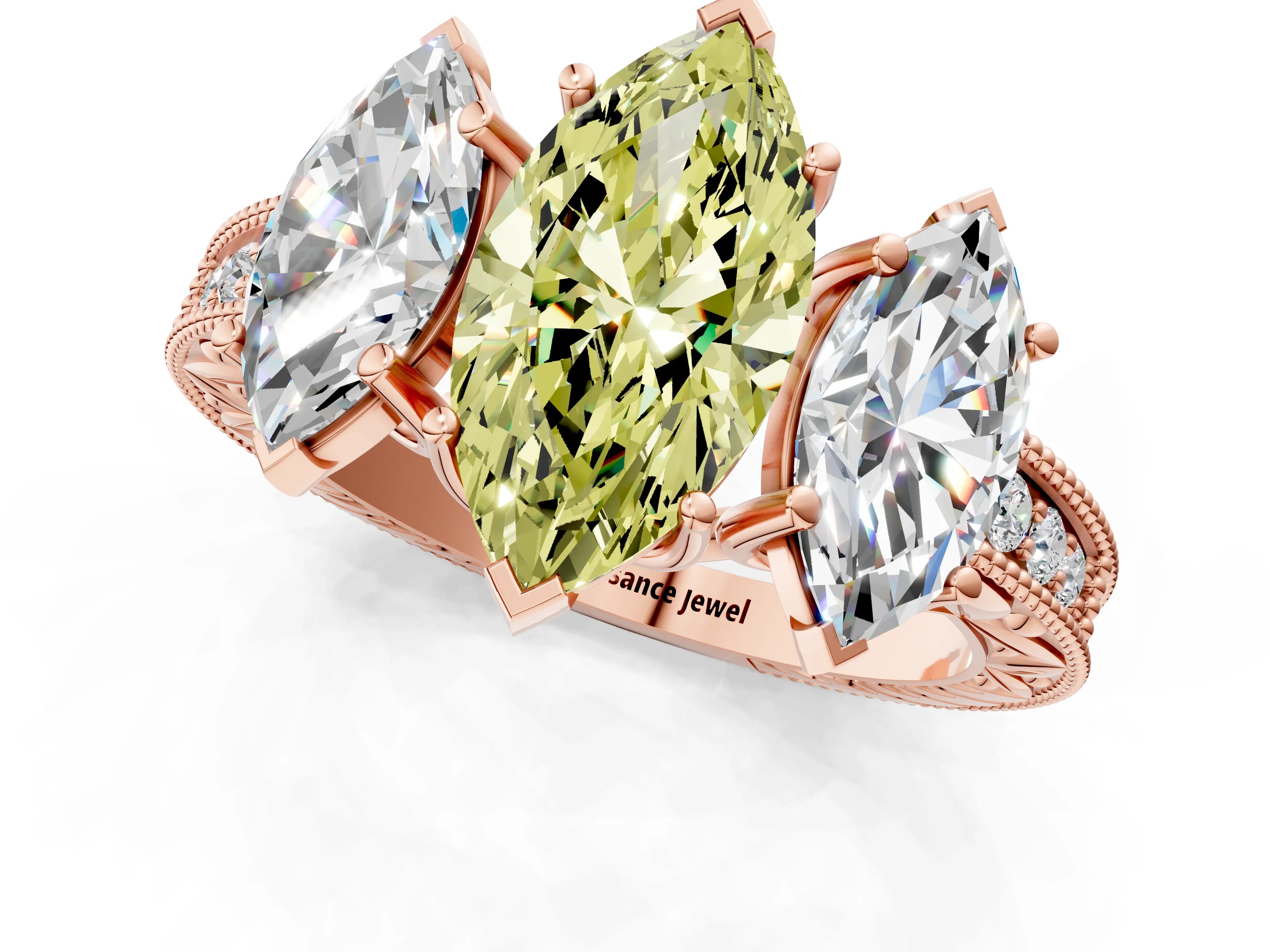 Rose gold Three-Stone Fancy Yellow Marquise Cut Cut Milgrain Pavé Engagement Ring_1