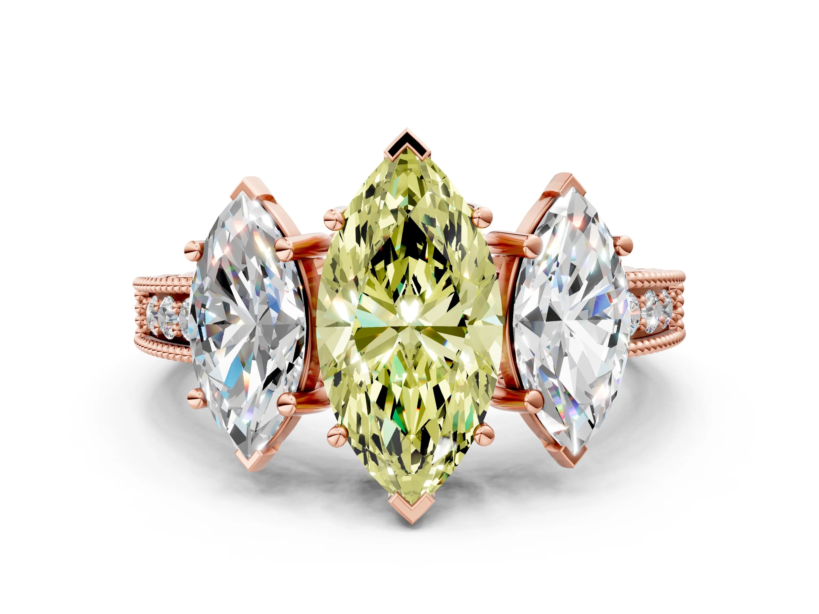 Rose gold Three-Stone Fancy Yellow Marquise Cut Cut Milgrain Pavé Engagement Ring_12