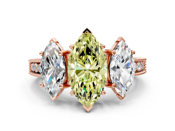 Rose Gold Marquise Engraved Three Stone Engagement Ring Setting for Fancy Yellow Center