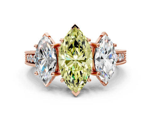 Rose gold Three-Stone Fancy Yellow Marquise Cut Cut Milgrain Pavé Engagement Ring_12