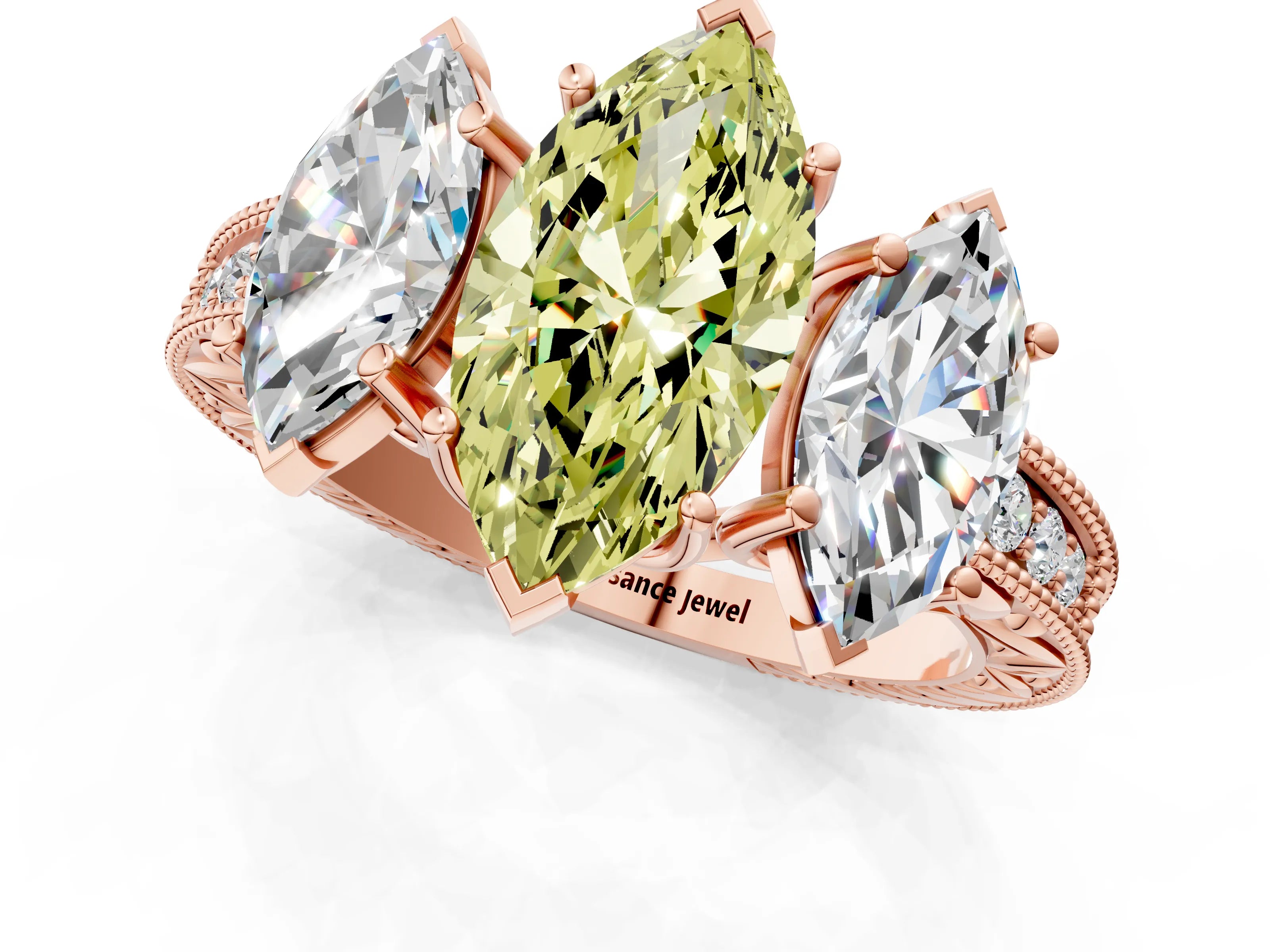 Rose gold Three-Stone Fancy Yellow Marquise Cut Cut Milgrain Pavé Engagement Ring_13